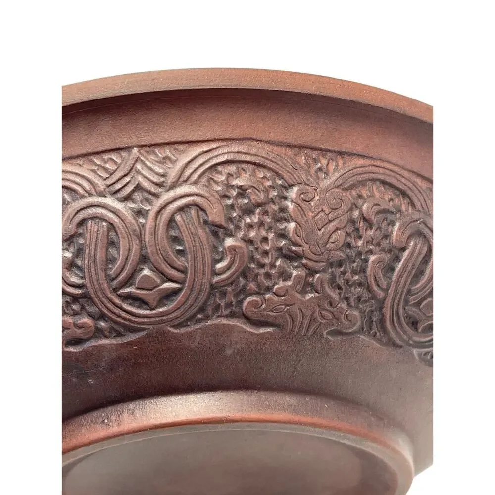 Chinese Clay Bowl‎ Ornate Asian Inspired Intricate Design Oriental Decor Vintage